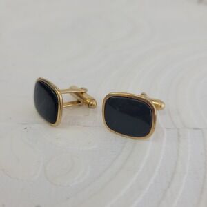Anson Vintage Mens‎ Gold Tone Black Onyx Style Cushion Toggle Back Cufflinks